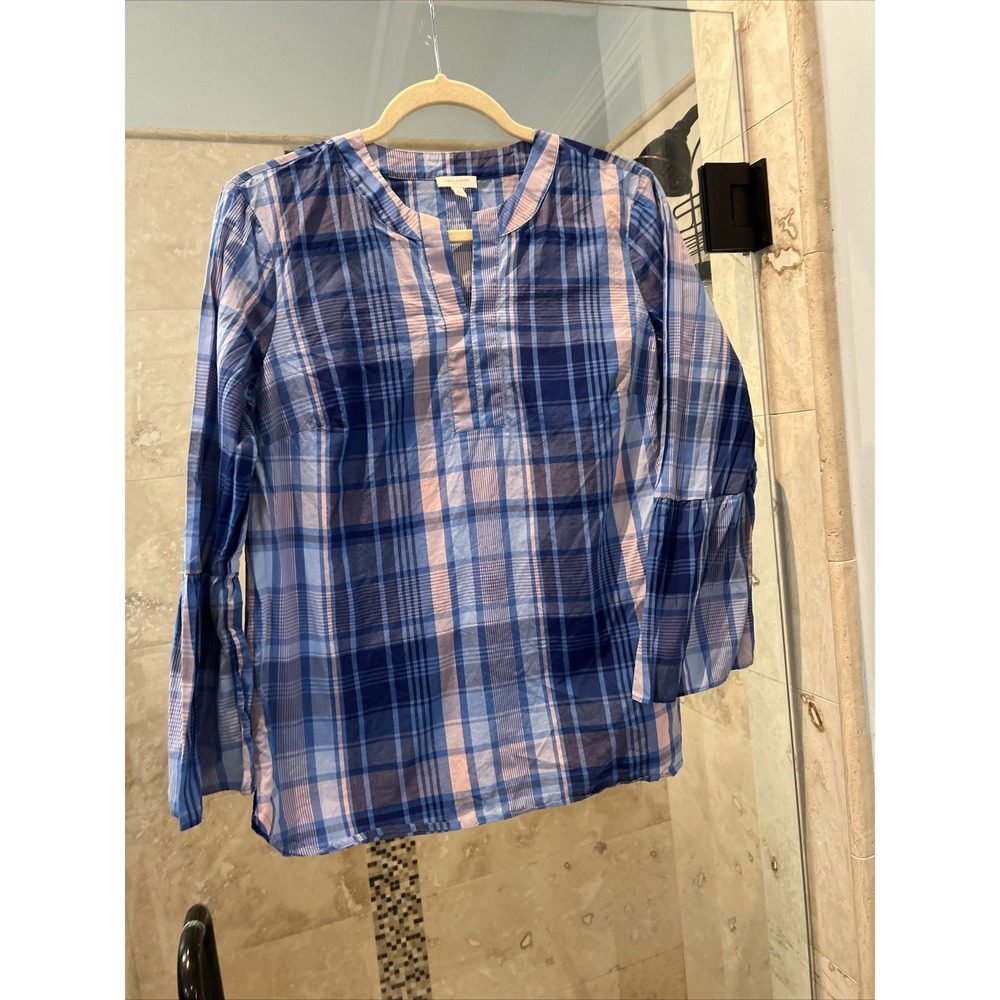Talbots Pink Blue Plaid Bell Sleeve V-Neck Cotton Blouse Size SP
